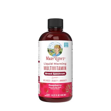 MaryRuth Organics, Liquid Morning Multivitamin Essentials+, Essential Vitamins & Minerals, Sugar Free, Raspberry Flavour, 450ml, Vegan, Gluten Free