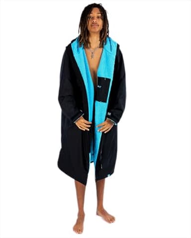 Dryrobe Advance Waterproof Changing Robe - LONG SLEEVE Oversized Change Robe Coat with Fleece Lining - Hooded Jacket for Beach, Wild Swimming, Surfing Adult Medium - Black/Blue