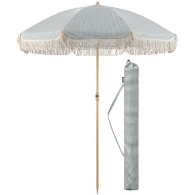 CHRISTOW Portable Garden Parasol with Tilt, 2m Cotton Tassel Beach Umbrella, Outdoor Patio Sunshade, Tilting Canopy, Wood Effect Steel Pole, UV50+ Sun Protection, Water Resistant, Bag (Sage Stripes)