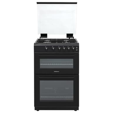 Statesman GDL60B Double Oven Gas Cooker with Glass Lid & Closed Door Grilling, 4 Gas Burners, 60cm Wide, Black