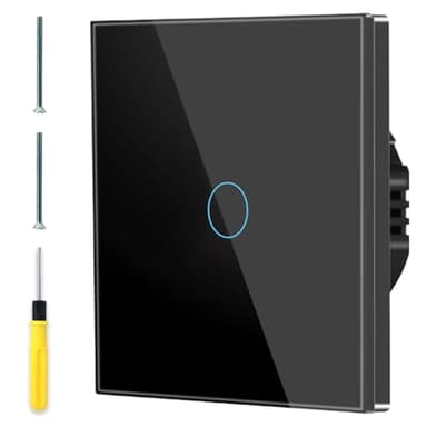 Acmerota Touch Light Switch Black Wall Switch with Tempered Glass Panel with Circle Fluorescent Indicator 1 Gang 1 Way No Neutral Wire Required, AC 240V 500W