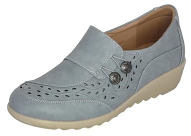 Cushion Walk Women's Ladies EEE Fitting Wide Fit Lightweight Slip-on Faux Leather Low Wedge Shoes, Casual Comfort Shoe (7 UK, Blue)