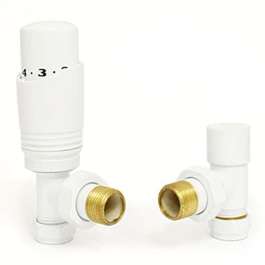 Hot Flow White Cascade Angled Modern TRV Thermostatic Radiator Valve (Pair) Includes Angled TRV Body & One Lock Shield for Quick & Easy Temperature Control. Perfect for Energy Saving.
