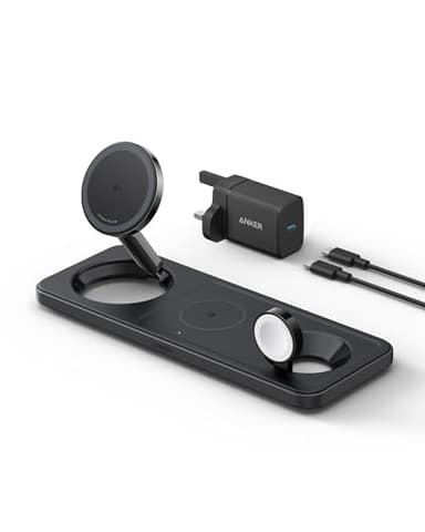 Anker MagGo Foldable 3-in-1 Wireless Charging Station, MagSafe Charger Compatible, Qi2 Certified 15W Ultra-Fast Charger, For iPhone 16 Series, AirPods, Apple Watch Ultra (Charger and Cable Included)
