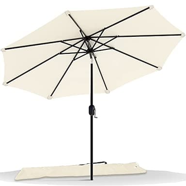 VOUNOT 2.7m Garden Parasol, Outdoor Table Tilting Patio Parasol Umbrella, with Crank Handle, Protective Cover, 8 Sturdy Ribs, Beige