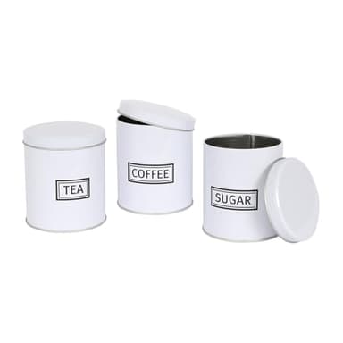 Harbour Housewares 3pc Tea Coffee Sugar Canisters Set – White Round Metal Kitchen Storage Tins with Airtight Lids – Modern Industrial Food Caddy Containers for Countertop Organisation