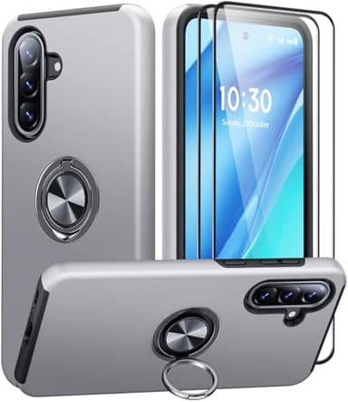 AOUIA for Samsung Galaxy A56 5G Case with 2 Pack Screen Protector, Military Protection Shockproof Samsung A56 5G Phone Case with 360° Rotating Ring Kickstand for Samsung A56, Silver