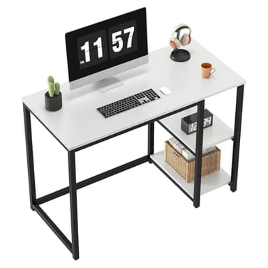 WOHOMO Computer Desk with 2-Tier Shelves 100cm Small Home Office Desk with Large Storage Space Sturdy Modern Gaming Desk for Bedroom Study Writing Laptop Table, White