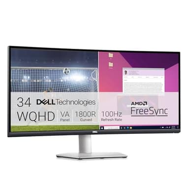 Dell S3423DWC USB-C 34 Inch WQHD (3440x1440) 21:9 1800R Curved Monitor, 100Hz, VA, 4ms, AMD FreeSync, 99% sRGB, Built-in Speakers, USB-C, 2x HDMI, 3x USB, 3 Year Warranty