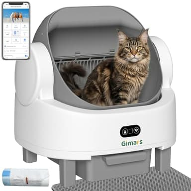 Gimars Open Top Design Self Cleaning Litter Box, Automatic Cat Litter Box for Multiple Cats & Senior Cats, App Control with Safety Sensors, Low Odor, Includes Trash Bags & Litter Mat, White with Gray