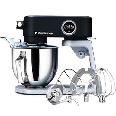Kraftsman Full Metal Stand Mixer, 5L Kitchen Food Mixer for Baking with Stainless Steel Dough Hook, Whisk, Beater, Flexible Beater, Universal Attachment Hub, 8 Speeds & Timer Function (Black)