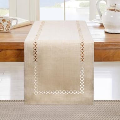 BAZIOE Modern Table Runner Beige Linen Table Runner Washable Openwork Design Ideal for Holiday Party Decoration, Dining Table, Restaurant, Christmas Party