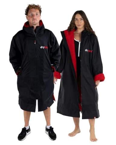 Dryrobe Advance - The Original Long Sleeve Waterproof Changing Robe - Oversized Coat with Fleece Lining - for Beach, Cold Water Wild Swimming, Surfing - Unisex, Men, Women & Kids - Large - Black/Red