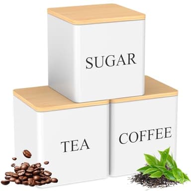 3Pcs Tea Sugar Coffee Canisters with Bamboo Lids, 500ml Vintage Tea Sugar Coffee Container Set, Space Saving Kitchen Canisters(White)