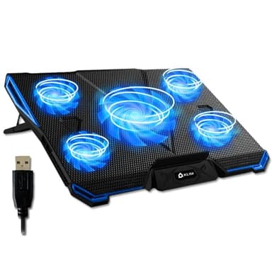 KLIM Cyclone Laptop Cooling Pad - 5 Fans Cooler - No More Overheating - Increases PC Performance and Life Expectancy - Ventilated Support for Laptop PS5 and PS4 - Blue