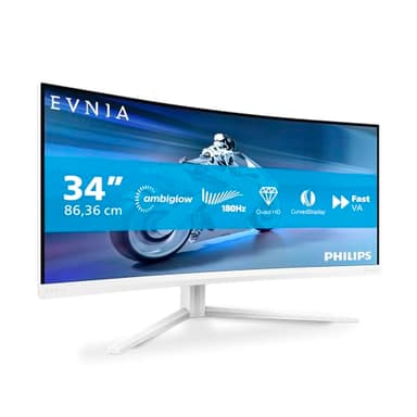 PHILIPS Evnia 34M2C5501A - 34 inch WQHD Curved Gaming Monitor, 180 Hz, 1 ms, FreeSync Premium, Ambiglow (3440x1440, 2x HDMI 2.0, 1x DisplayPort 1.4, USB Hub) white
