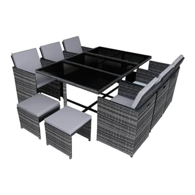 Panana 10 Seater Rattan Garden Dining Set with Large Table, 6 Chairs & 4 Stools, Space Saving Outdoor Furniture for Patio, Conservatory & Garden (Mixed Grey Rattan with Grey Cushions)