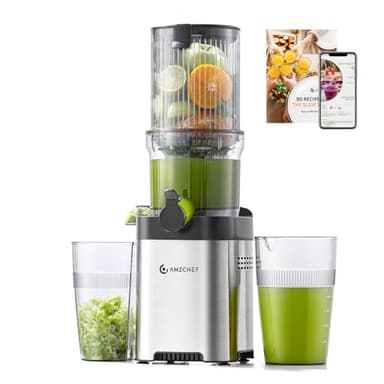AMZCHEF Cold Press Juicer Machines, Slow Juicers with 120 MM Large Feed Chute for Whole Fruit and Vegetable, Durable Stainless Steel Juicer, Auto-cutting Auger, Double-Layer Filter