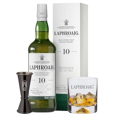 Laphroaig 10 Year Old Whisky 70cl Bundle - Whisky Glass & Secret Bottle Shop Jigger