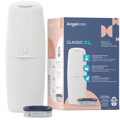 Angelcare Classic XL Nappy Bin - holds up to 70 nappies – simple no twist refills – for less film use – get more nappies per cassette and save! Includes 1 octo refill cassette
