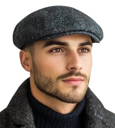 London Design Herringbone Wool Blend Flat Cap, Grey with Blue Hint, One Size Fits 56-59cm,Fully Lined