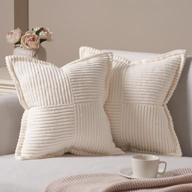 Topfinel Cream Cushion Covers 45 x 45 Set of 2 Fluffy Pillows for Sofa Soft Corduroy Scatter Cushions Bed Throw Pillowcases 18 x 18 inches Modern Boho Cushion Cover for Living Room