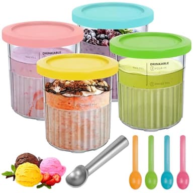 YHANEC 4 Pack Ice Cream Tubs for Ninja CREAMi Deluxe NC500 NC501 Series, Ice Cream Containers with Lids, Clear Desert Pint with 4 Spoons, Homemade Dessert Tubs Dishwasher Safe