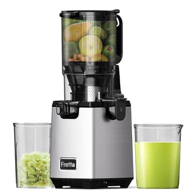 Fretta Cold Press Juicer Machines,Masticating Juicer with 140MM Feed Chute for Whole Fruits,Easy Clean Self-Feeding Slow Juicer,High Juice Yield Extractor, PCTG Material BPA-Free,250W (Grey)
