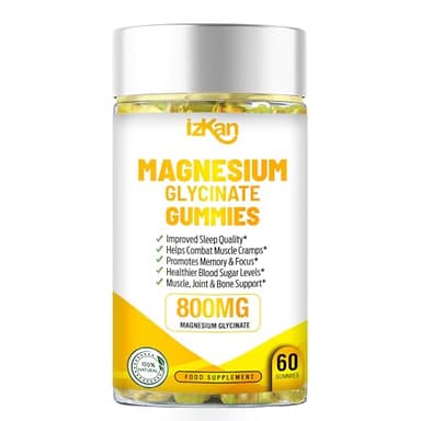 Izkan- Magnesium Glycinate Gummies 1600mg - Sugar-Free Magnesium Supplement with Calcium, Potassium Vitamin D, B6 & CoQ10 for Calm Mood & Muscle, Sleep Support 60 Gummies (1X)
