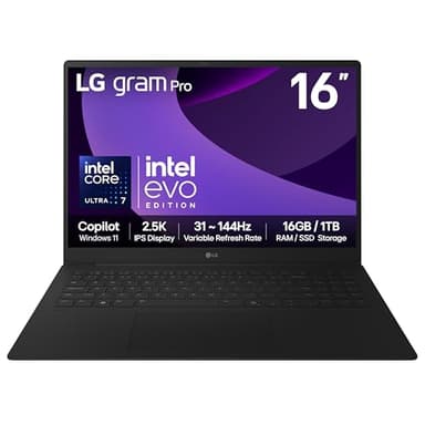 LG gram Pro 16Z90TP - 16 Inch 2.5K IPS 144Hz VRR, Ultra-Lightweight Laptop, Intel Core Ultra 7 255H - EVO Edition, 16GB RAM, 1TB SSD, Windows 11 Home, gram Hybrid AI, Copilot, Black (2025)