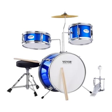 VEVOR Kids Drum Set, 14 in 3-Piece Beginner Junior Drum Set with Adjustable Throne, Two Pairs of Drumsticks, Cymbal, Pedal，Tom Snare Bass, Starter Drum Kit for Children, Blue