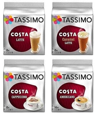Compatible with Tassimo Machines Costa Coffee T-Discs, Select Any 3 Flavours From our Amazing Range, Including: Latte, Cappuccino, Caramel & Americano, Customize your order