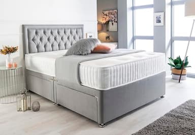 Sleep Factory's Grey Suede Chesterfield Divan Bed Set & Memory Foam Mattress 3FT Single 4FT6 Double 5FT King (4.6FT (Double), 4 Drawers)
