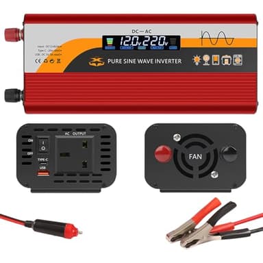 2000W Inverter 12V to 240V, Car Inverter DC 12V to AC 240V with LCD Display, 2 UK Outlets 1 USB &1 Type-C Port,Pure Sine Wave Inverter,Car Power Converter for Motorhomes, Truck, Boat, Camping, Van