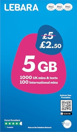 Lebara Mobile SIM Card: 5GB Data Plan for £2.50, Half Price for First 3 Months, No Contract, UK Calls, Texts, International Minutes, EU and India Roaming Included, Fits All Devices