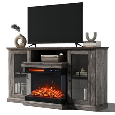 INMOZATA Electric Fire Insert TV Stand, Console Table with 3-Side Realistic LED Flame Effect Display, Remote Control&Overheat Protection, 25" Fireplace, for 65" TV, Grey