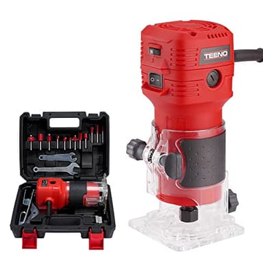 TEENO Compact Wood Router Tool, Electric Hand Wood Trimmer 650W 15000-32000 RPM with 12PCS 1/4" Shank Router Bits, 6 Variable Speeds, Includes Trimmer Base 6.35mm with Carrying Case