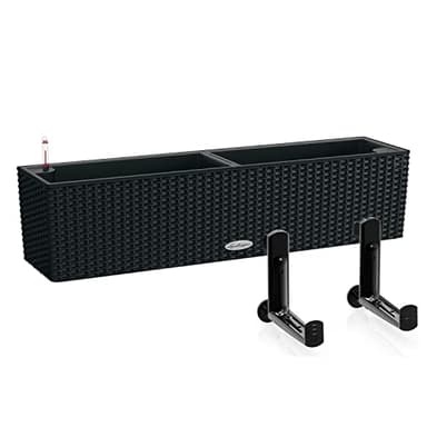 Lechuza Self Watering Pot BALCONERA Cottage 80 Graphite Black Plastic Balcony Planter for Railing Rattan Look Planter H19 L80 W19 cm Bundle with Black Balcony Brackets