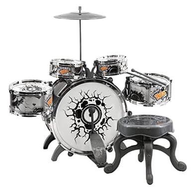 Childs Kids Drum Kit Jazz Band Sound Drums Play Set Musical Toy With Stool (Black and White)