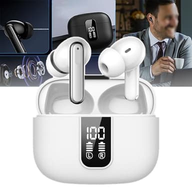 QIeAny Noise Cancelling Wireless Earbuds(5.3), Supports 28 Languages, 4 Hours Working+180 Hours Standby, Charging for 70 Minutes/digital Display, Simultaneous Interpretation,White