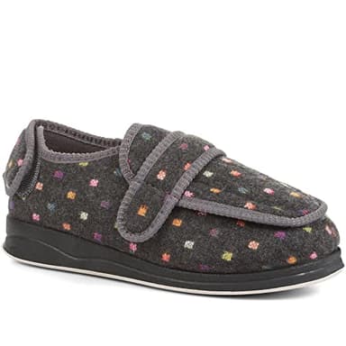 Pavers - Womens Wide Fit Adjustable Fasten Full Slipper in Grey Multi - Two Touch Fastening Points - Fit to Gently Accommodate Sensitive Feet - Plush Linings & Cushioned Insole - Size 5 UK