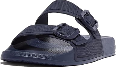 Fitflop Women's IQUSHION Two-BAR Buckle Slides Flat Sandal, Midnight Navy, 9 UK