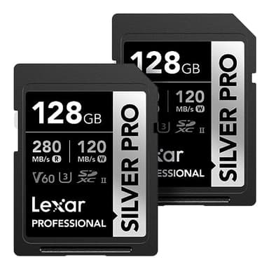 Lexar 128GB (2-PK) Professional SILVER PRO SD Card, UHS-II, C10, U3, V60, Full HD, 4K, Up To 280MB/s Read SDXC Memory Card, for Professional Photographer, Videographer, Enthusiast (LSDSIPR128G-B2NNU)