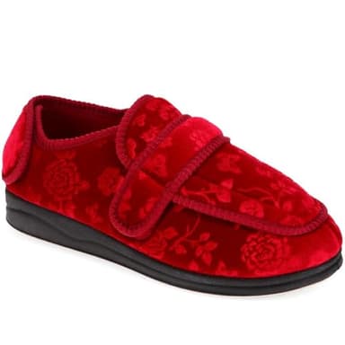Pavers - Womens Wide Fit Adjustable Fasten Full Slipper in Burgundy Floral - Two Touch Fastening Points - Fit to Gently Accommodate Sensitive Feet - Plush Linings & Cushioned Insole - Size 5 UK