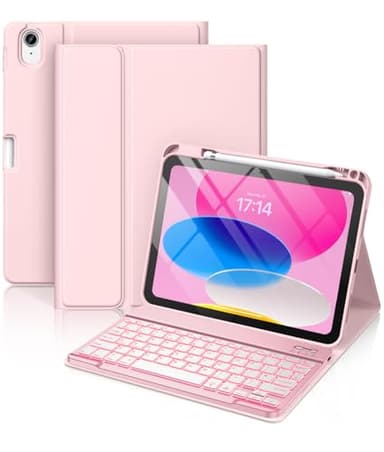 Vobafe Keyboard Case iPad for A16 11th Generation 2025/10th Generation 2022(11/10.9 inch), 7 Colors Backlit Detachable Folio Keyboard Cover with Pencil Holder for iPad 11/10 Gen, UK Layout, Light Pink