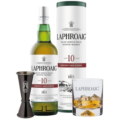 Laphroaig Whisky Glass & Jigger Set - 1 x Laphroaig 10 Year Old Sherry Oak Finish Whisky 70cl, 1 x Laphroaig Whisky Glass, 1 x Secret Bottle Shop Jigger | Whisky Gifts For Him