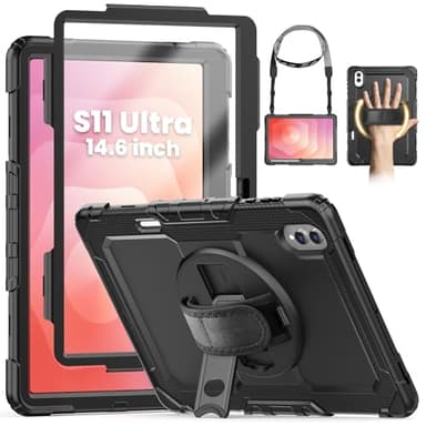 SEYMCY Case for Samsung Galaxy Tab S11 Ultra 14.6 inch 2025 (SM-X930, SM-X936B), Full-body Shockproof with Screen Protector, Rotating Hand Strap & Stand, Shoulder Strap for Samsung S11 Ultra, Black