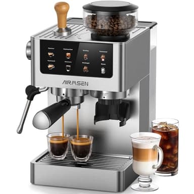 AIRMSEN Bean to Cup Coffee Machine - 20 Bar Espresso Machine with Grinder & Milk Frother, 10 Grinding Settings, 1.8L Removable Water Tank for Home