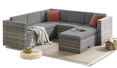 EVRE Monaco Rattan Garden Furniture Set 6 Piece Seat 5 Sofa 1 Ottoman Footstool Outdoor Wicker Weave Lounge Sofa and Glass Top Table with Cushions (Grey)