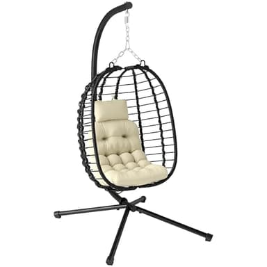 Outsunny Rattan Hanging Egg Chair, Foldable Wicker Hammock Swing Chair with Cushion, Stand, Adjustable Height, Head Pillow, Steel Frame for Garden Patio Indoor Outdoor, Cream White